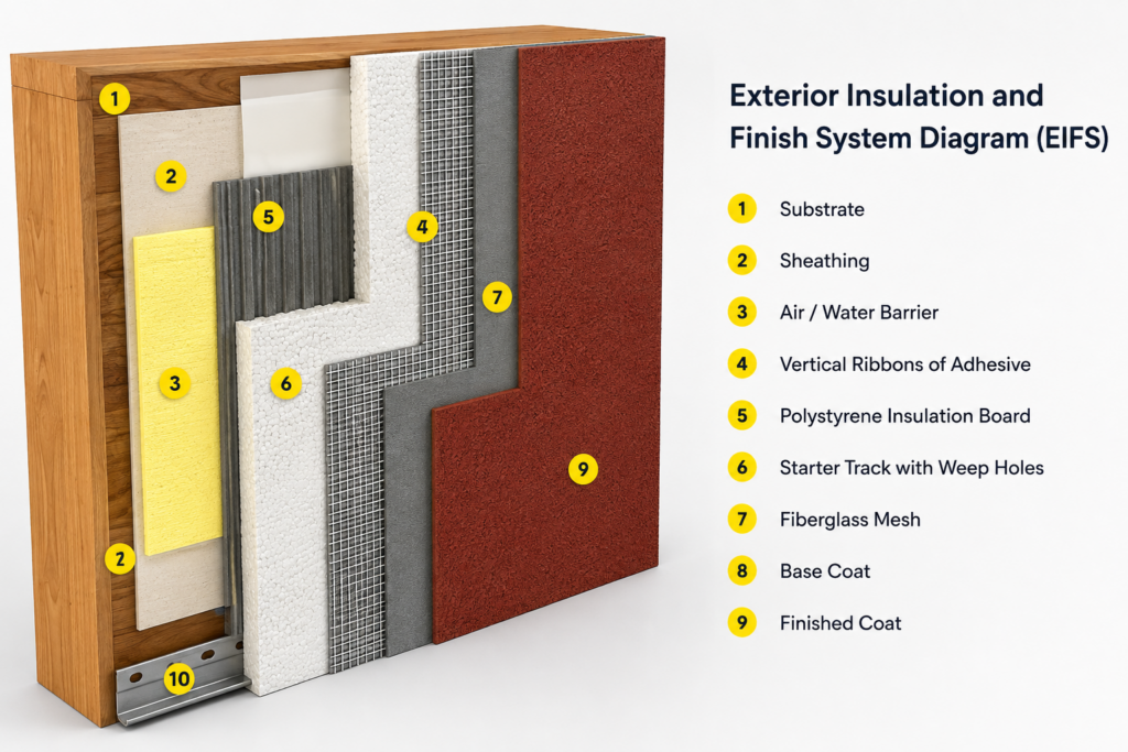 EIFS exterior insulation and finish system showing wall layers, insulation, mesh, base coat and finish coat